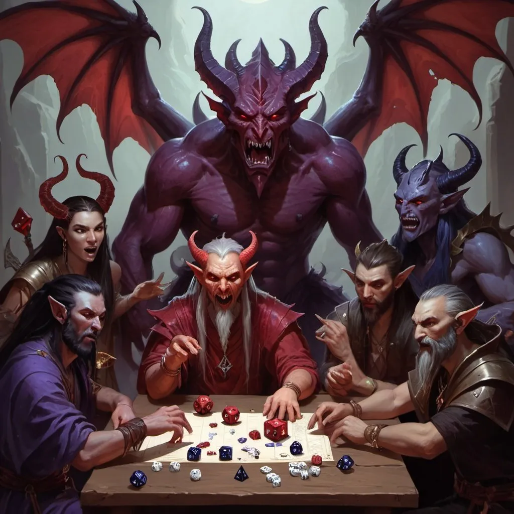 Prompt: demons and gods rolling dice and playing d&D