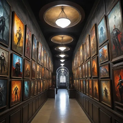 Prompt: a vault, hundreds of fantasy hero paintings line the walls
