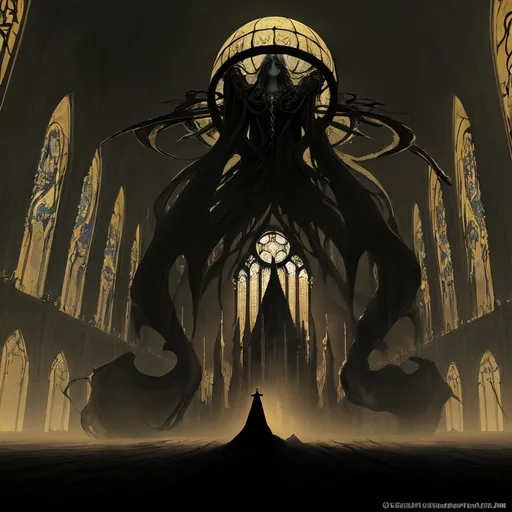 Prompt: An infinite, fever-dream cathedral with a domed ceiling that stretches into forever it's head spearing the sky, dissolving into the void. The structure repeats itself in impossible fractal geometry, arches multiplying into the distance like a sacred paradox. Sharp chiaroscuro lighting cuts through the gloom—golden light spills from unseen sources, casting long shadows of towering pillars that twist into serpents or angelic wings. Biblical horrors lurk in the darkness: thrones of floating eyes, skeletal cherubim, and faceless apostles robed in black. Dreamcore surrealism, hyper-detailed, gothic grandeur with a scale that defies physics. Style fused from Caravaggio’s dramatic lighting, Zdzisław Beksiński’s dystopian vastness, and Moebius’s impossible architecture. Color palette: obsidian blacks, cathedral rose-window reds, and sickly divine gold
