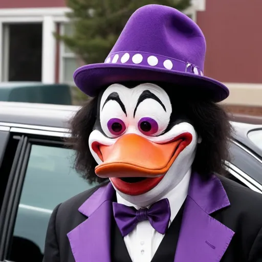 Prompt: chilly willy if he looked really stoned with a purple hat hanging over his forehead, and lived the clifestyle!!! also if he was fat and had clown makeup and looked like a thug gangster, he is also a pimp asking his hoe from the window of his limo for more money.