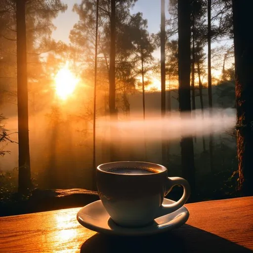 Prompt: A steaming cup of coffee overlooking a forest during sunrise