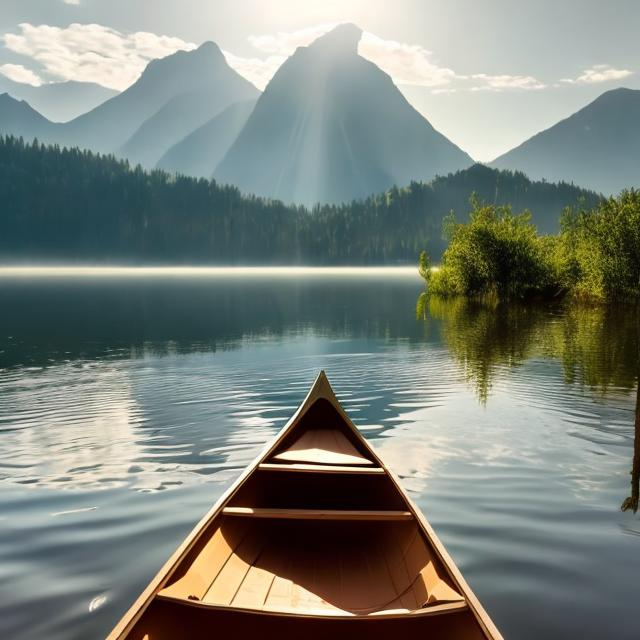 Prompt: A serene lake with a rowboat. There are mountains in the background with sunlight just barely peeking over the top