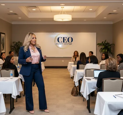 Prompt: A photorealistic full body portrait of a confident businesswoman standing at the front of a hotel conference room, teaching a live class or workshop to a group of approximately 20 attendees. She is wearing a navy blue tailored pantsuit with bootcut trousers and a blush pink silk blouse. Her nails are manicured in a soft, nearly white blush pink color, and a tasteful diamond ring is visible on her left hand. She is mid-presentation, facing the audience — not the camera — with natural posture and expressive hand gestures. Behind her is a clean whiteboard featuring a professional, creative logo that reads “CEO Launch Lounge” in elegant, branded lettering. The room has neutral carpeting, soft lighting, and a few plants or neutral decor accents to create a warm but polished environment. The camera is placed at the back of the room, giving a wide-angle view of the classroom setup, with the presenter clearly visible at the front of the space. Use the attached photo as the face reference. Exactly match the uploaded reference image facial features and structures. Keep the subject’s facial features unchanged. Do not change the skin tone. Do not smooth the skin. Preserve authentic photo texture. Realistic indoor lighting. No cartoon, no filters, no smoothing. Captured with a 35mm lens and a high-end DSLR. Copy this prompt and put it inside of Google Gemini, Google AI Studio, or ImageFX prompt chat.