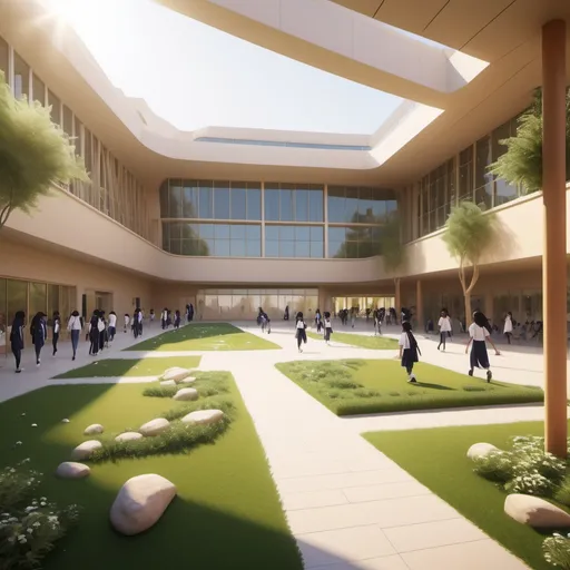 Prompt: international school for girls in Saudi Arabia, (bustling campus), architectural marvel, (modern design), warm sunlight illuminating vibrant surroundings, lush green gardens and pathways, (diverse architectural styles), students engaged in collaborative activities, learning spaces filled with natural light, (cheerful atmosphere), 4K, ultra-detailed representation of educational pursuits.