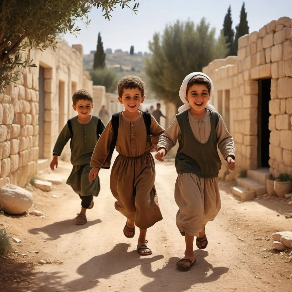 Prompt: Realistic illustration of children playing in Palestine, warm earthy tones, traditional clothing, olive groves in the background, dusty streets, authentic facial features, high quality, realistic, children playing, Palestinian culture, earthy tones, traditional clothing, olive groves, dusty streets, authentic facial features, warm lighting