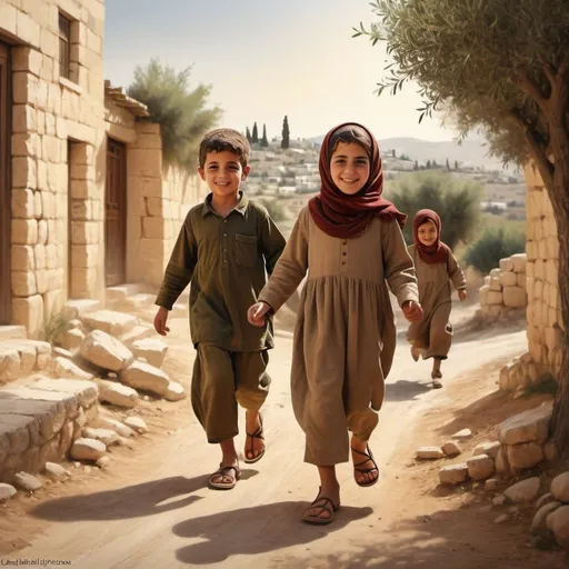 Prompt: Realistic illustration of children playing in Palestine, warm earthy tones, traditional clothing, olive groves in the background, dusty streets, authentic facial features, high quality, realistic, children playing, Palestinian culture, earthy tones, traditional clothing, olive groves, dusty streets, authentic facial features, warm lighting