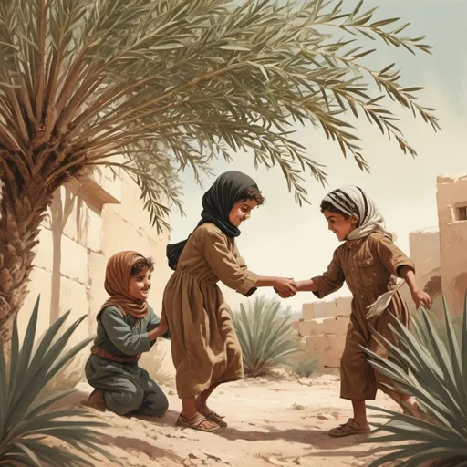 Prompt: Vintage-style illustration of Palestinian children playing under palm and olive branches, earthy color palette, soft lighting, traditional clothing, nostalgic atmosphere, vintage art style, detailed faces, serene expressions, warm and inviting, high quality, vintage, nostalgic, traditional, earthy tones, soft lighting, detailed faces, peaceful, serene atmosphere