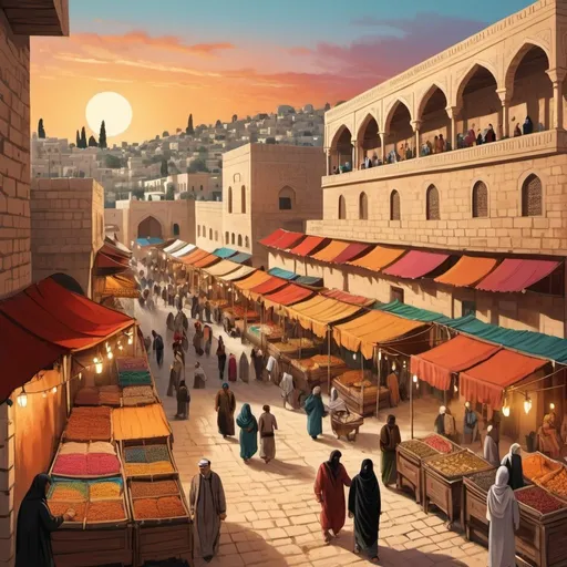 Prompt: Palestine print illustration of an ancient city, vibrant and warm color palette, traditional architecture with intricate detailing, bustling marketplace with stalls and vendors, people in traditional Palestinian clothing, warm and inviting atmosphere, high-quality, detailed, traditional, warm tones, marketplace, intricate architecture, vibrant colors, traditional attire, bustling, warm lighting