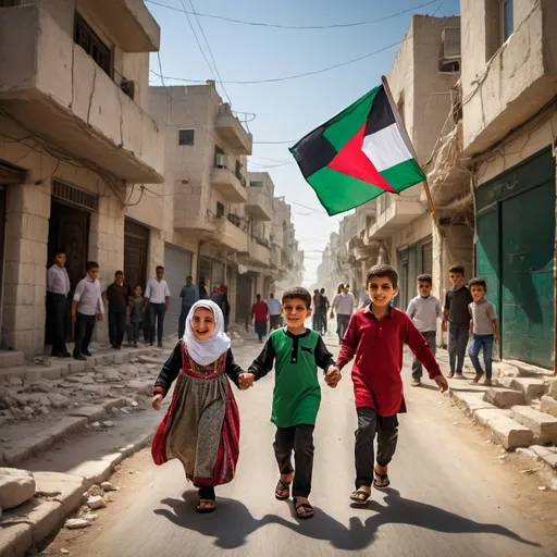 Prompt: Children playing on the streets of Gaza with parents, Palestinian flag hanging, high-end digital illustration, vibrant and rich colors, luxurious lighting, detailed expressions, upscale quality, ads-luxury style, family bond, joyful atmosphere, city setting, traditional Palestinian clothing, street celebration, upscale rendering, luxurious, vibrant colors, detailed expressions, family bond, high-quality digital illustration, traditional clothing, cityscape, Palestinian flag, street celebration