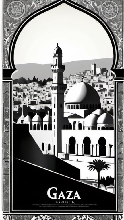 Prompt: Black and white vintage poster of Gaza, Old City of Palestine, detailed architecture, intricate traditional patterns, iconic landmarks, meaningful elements, cultural significance, olive branches, high quality, detailed, vintage style, monochrome, historical, traditional design, iconic landmarks, iconic landmarks, historical, meaningful elements, monochrome, detailed architecture