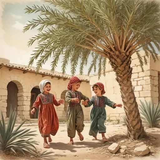 Prompt: Palestinian children playing under palm and olive branches, vintage drawing with warm tones, kids playing in traditional clothing, vibrant and nostalgic atmosphere, detailed natural elements, high quality, vintage style, warm tones, detailed natural elements, nostalgic atmosphere, traditional clothing, vibrant, detailed, nostalgic, vintage drawing, kids playing, palm and olive branches, warm atmosphere