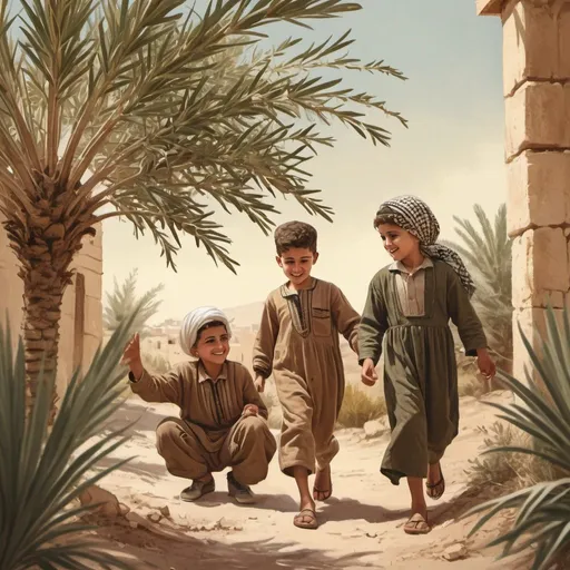 Prompt: Vintage-style illustration of Palestinian children playing under palm and olive branches, earthy color palette, soft lighting, traditional clothing, nostalgic atmosphere, vintage art style, detailed faces, serene expressions, warm and inviting, high quality, vintage, nostalgic, traditional, earthy tones, soft lighting, detailed faces, peaceful, serene atmosphere