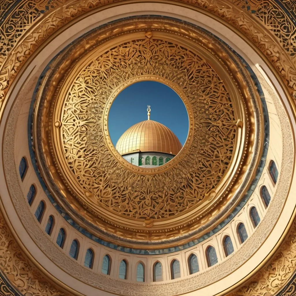 Prompt: Luxurious dome of rock, ornate details, high-quality 3D rendering, Palestine flag in the background, golden tones, intricate architectural design, intricate patterns, grandiose structure, intricate carvings, high quality, domes, 3d rendering, luxurious, ornate, grand design, intricate patterns, Palestine flag, golden tones, architectural beauty