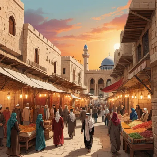 Prompt: Palestine print illustration of an ancient city, vibrant and warm color palette, traditional architecture with intricate detailing, bustling marketplace with stalls and vendors, people in traditional Palestinian clothing, warm and inviting atmosphere, high-quality, detailed, traditional, warm tones, marketplace, intricate architecture, vibrant colors, traditional attire, bustling, warm lighting