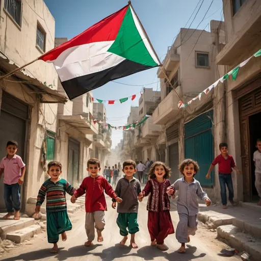 Prompt: Children playing on the streets of Gaza with parents, Palestinian flag hanging, high-end digital illustration, vibrant and rich colors, luxurious lighting, detailed expressions, upscale quality, ads-luxury style, family bond, joyful atmosphere, city setting, traditional Palestinian clothing, street celebration, upscale rendering, luxurious, vibrant colors, detailed expressions, family bond, high-quality digital illustration, traditional clothing, cityscape, Palestinian flag, street celebration