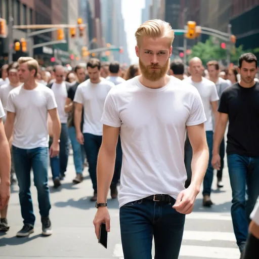 Prompt: Tall blonde guy, dressed in white T-shirt and jeans, walking through the crowded streets of New York. His hair is crew cut, his beard is also very short,and he looks isolated and alone in the crowd. Most of the people around him will be dressed in dark suits, looking busy and in a hurry. Each person should have a mobile phone, or any widget, except the blonde guy.