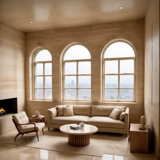 Prompt: Create a photo of a living room with beige travertine walls, two white windows looking on other buildings from the 10th floor. There should be a beige sectional and a white marble coffee table.