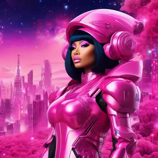 Prompt:  Nicki Minaj as an giant robot full pretty pink galaxy universe pink City Galaxy sky