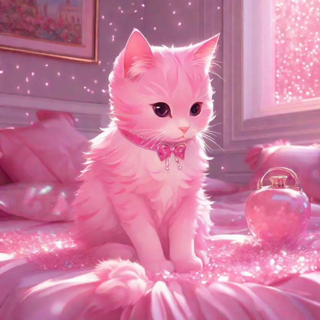 Prompt: an pink glitter pretty pretty cat bows sittingon pink glitter bedroom pink all pink luxury kawaii anime art