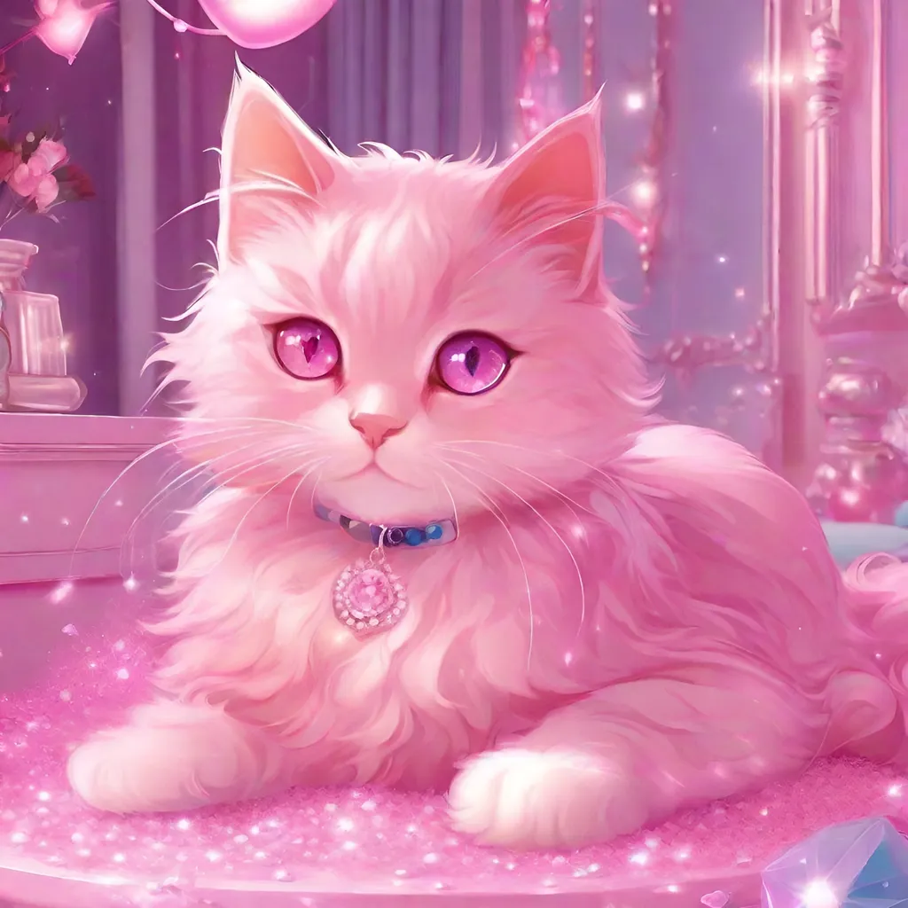 Prompt: an pink glitter pretty pretty cat bows sittingon pink glitter bedroom pink all pink luxury kawaii anime art