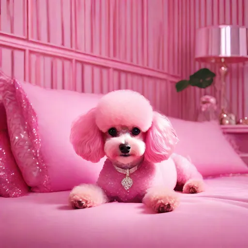 Prompt: an pink glitter pretty poodle bows sittingon pink glitter bedroom pink all pink luxury kawaii anime art