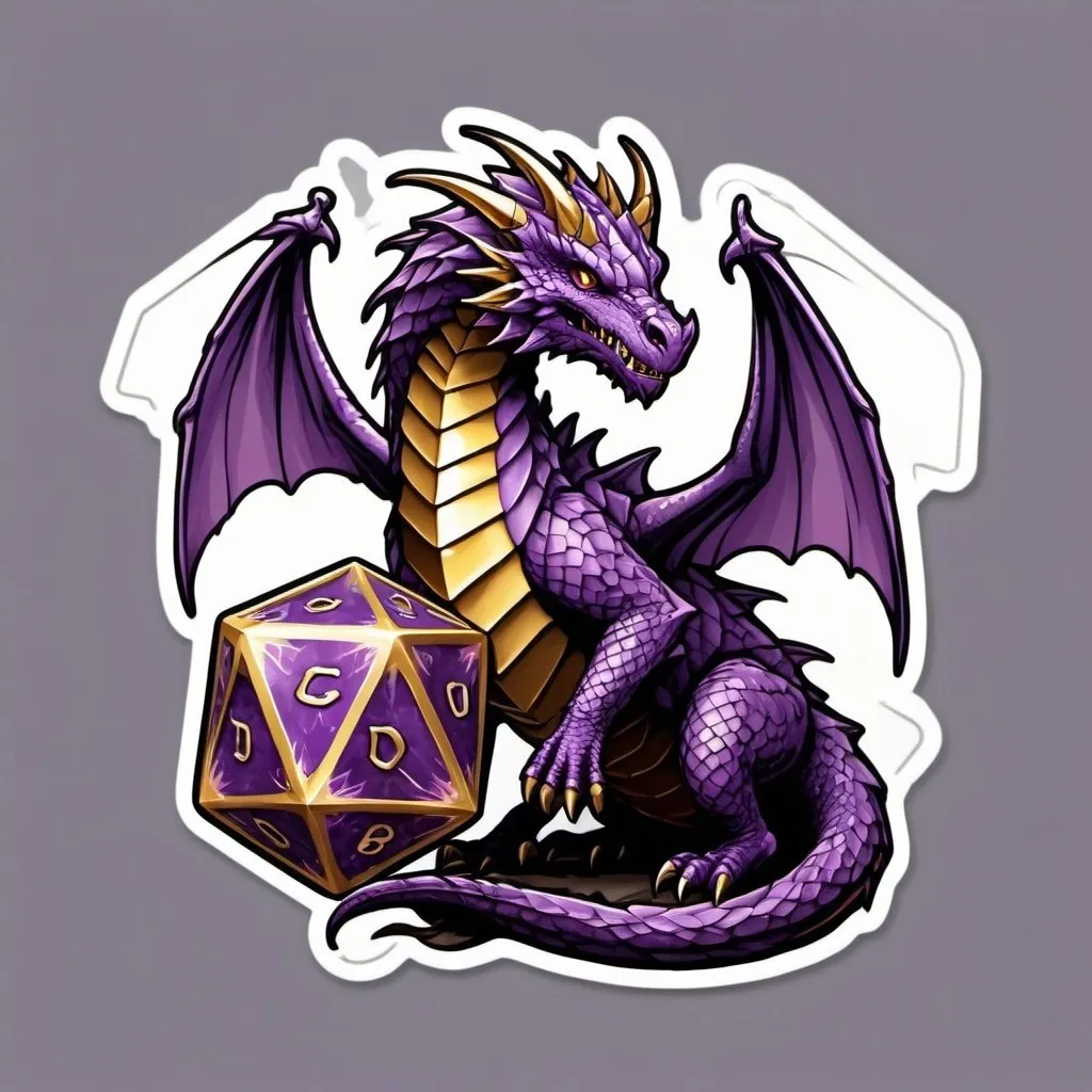 Prompt: Purple wyrm guarding a golden icosahedron, d20, transparent icon, highres, detailed scales, fantasy, epic lighting, metallic sheen, dragon, tabletop gaming, detailed, fantasy art, transparent background, mythical creature, simple design, majestic