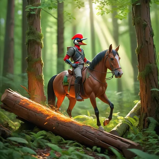 Prompt: Woodpecker in the forest, majestic sunlight streaming through the lush green foliage, vibrant colors illuminating the scene, a man riding a sturdy horse emerges from the dense woods, handsomely laden with logs, a sense of adventure and hard work, rich details of bark and leaves accentuating the natural beauty, tranquil and serene ambiance, ultra-detailed, high-resolution, capturing the harmony of nature.