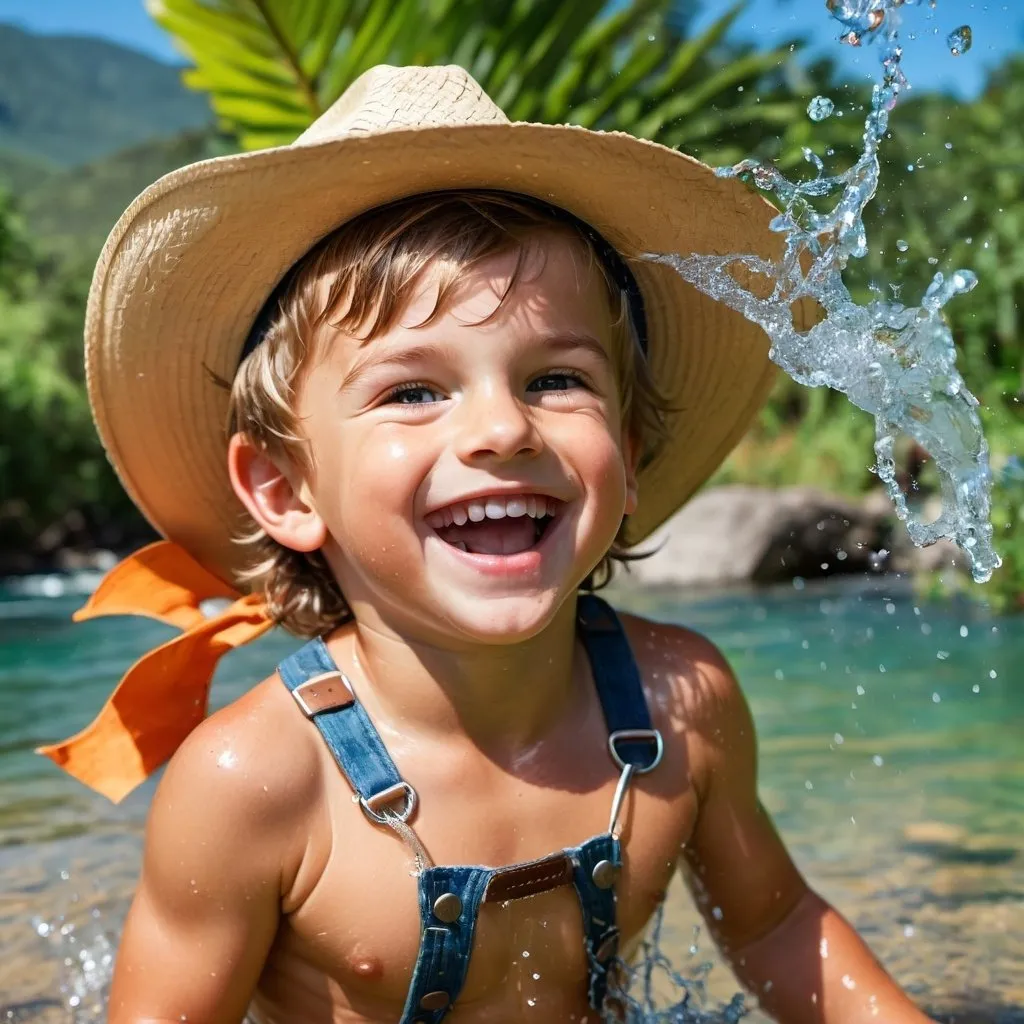 Prompt: Caucasian little boy wearing a cowboy hat. Playing in a river and throwing water. He is laughing and have a big smile. He is surrounded by tropical nature. 