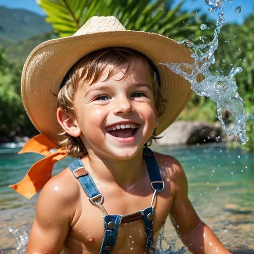 Prompt: Caucasian little boy wearing a cowboy hat. Playing in a river and throwing water. He is laughing and have a big smile. He is surrounded by tropical nature. 
