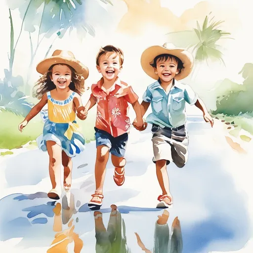 Prompt: One caucasian boy with à cowboy hat, a girl wearing melanesian missionnary dress and végétation crown and a boy with vietnamese hat. They are running holding hands and they are laughing.