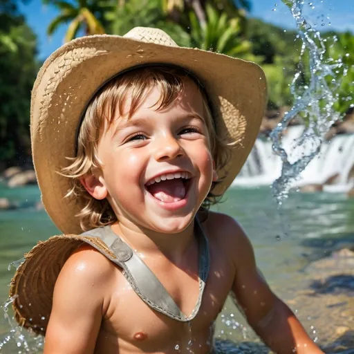 Prompt: Caucasian little boy wearing a cowboy hat. Playing in a river and throwing water. He is laughing and have a big smile. He is surrounded by tropical nature. 