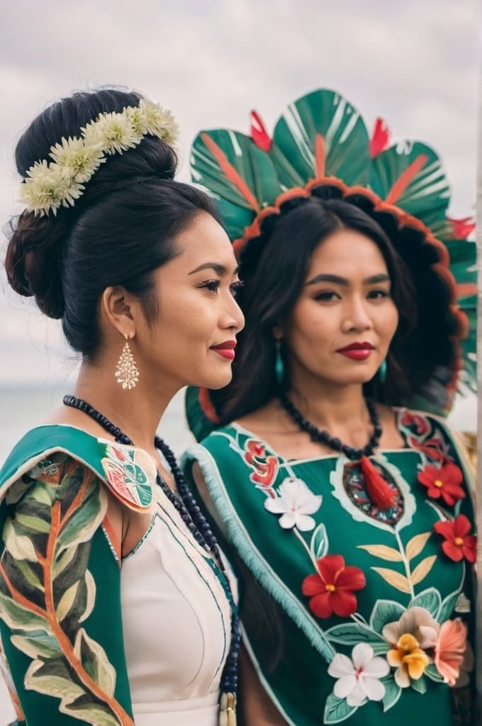 Prompt: Indonesian woman and Maori woman standing side by side.