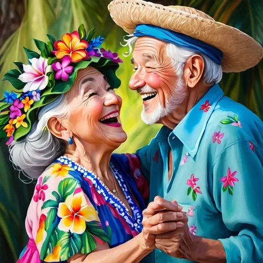 Prompt: Painting of an interacial couple of old people dancing together. The old woman wears flower crown and a dress and the old man wears a hat and a hawaian shirt. They are laughing and have big smiles. High quality art.