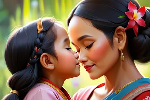 Prompt: Painting of an older indonesian woman and a young little girl on their profile side. Their forehead are touching. They have their eyes closed and they look peaceful.