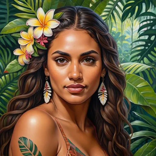 Prompt: Painting of the portrait of a pretty Maori woman, wearing frangipani flowers on her left ear. She has long thick frizzy hair, a tanned skin and she is surrounded by tropical nature and flowers. She has a maori tattoos.