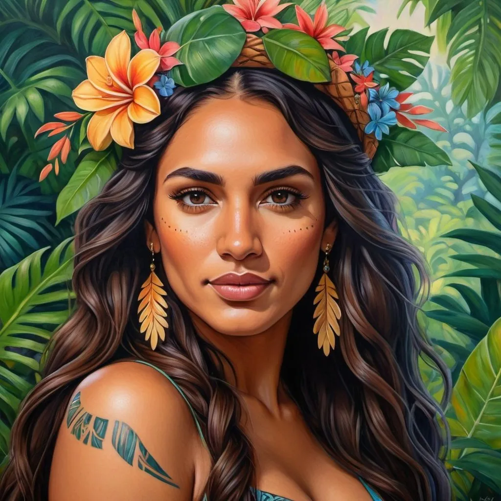 Prompt: Painting of the portrait of a pretty Maori woman, wearing flower crown. She has long thick wavy hair, a tanned skin and she is surrounded by tropical nature and flowers. She has a maori tattoos.