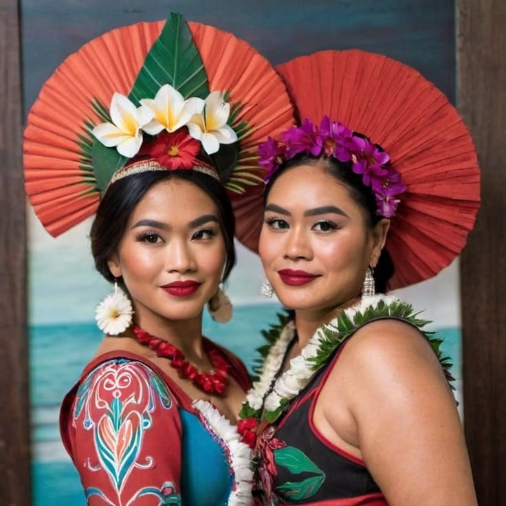 Prompt: Indonesian woman and Maori woman standing side by side.