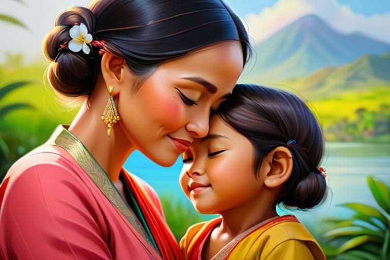 Prompt: Painting of an older indonesian woman and a young little girl on their profile side. Their forehead are touching. They have their eyes closed and they look peaceful.