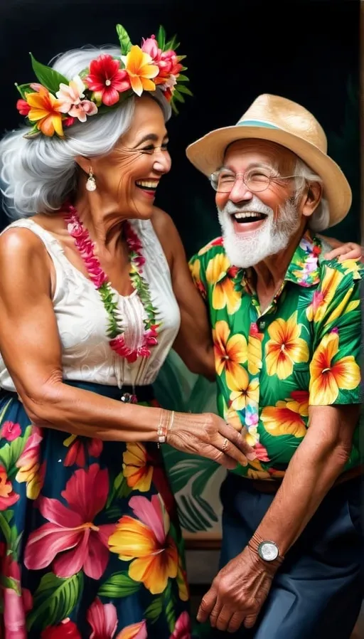 Prompt: realistic painting portrait of an interacial couple of old people dancing together. The old woman wears flower crown and a dress and the old man wears a hat and a hawaian shirt. They are laughing and have big smiles. High quality art.