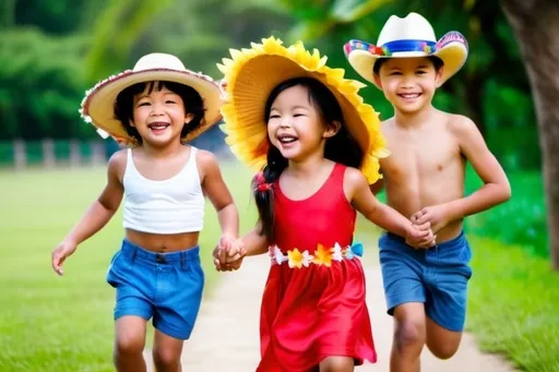 Prompt: One caucasian boy with a cowboy hat, a melanesian girl wearing a dress and flower crown and an asian boy wearing vietnamese hat. They are running holding hands and they are laughing.