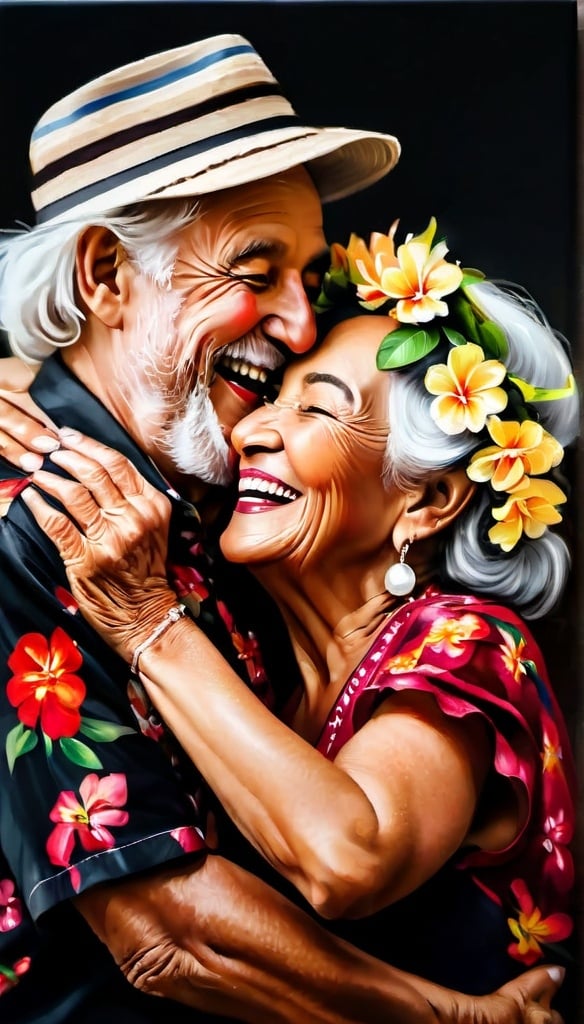 Prompt: realistic painting portrait of an interacial couple of old people dancing together. The old woman wears flower crown and a dress and the old man wears a hat and a hawaian shirt. They are laughing and have big smiles. High quality art.