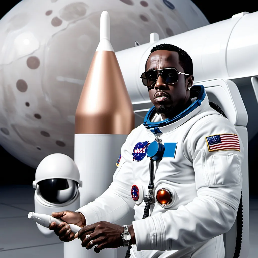 Prompt: P.diddy as an astronaut Standing in front of a baby oil space rocket 🚀 

