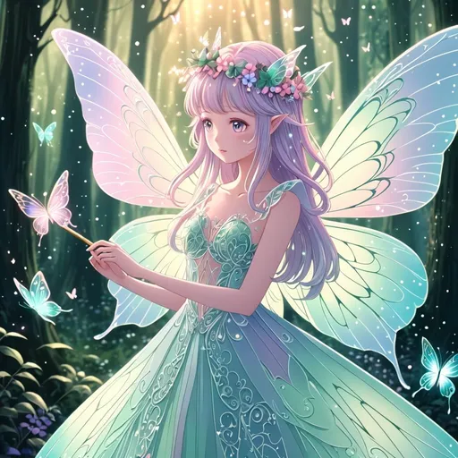 Prompt: Anime illustration of a graceful fairy girl, pastel color palette, enchanted forest setting, shimmering butterfly wings, ethereal glow, delicate floral crown, intricate lace details, magical wand, 4k, ultra-detailed, anime, fantasy, pastel colors, enchanted forest, butterfly wings, ethereal, delicate details, magical, graceful design, professional, soft lighting