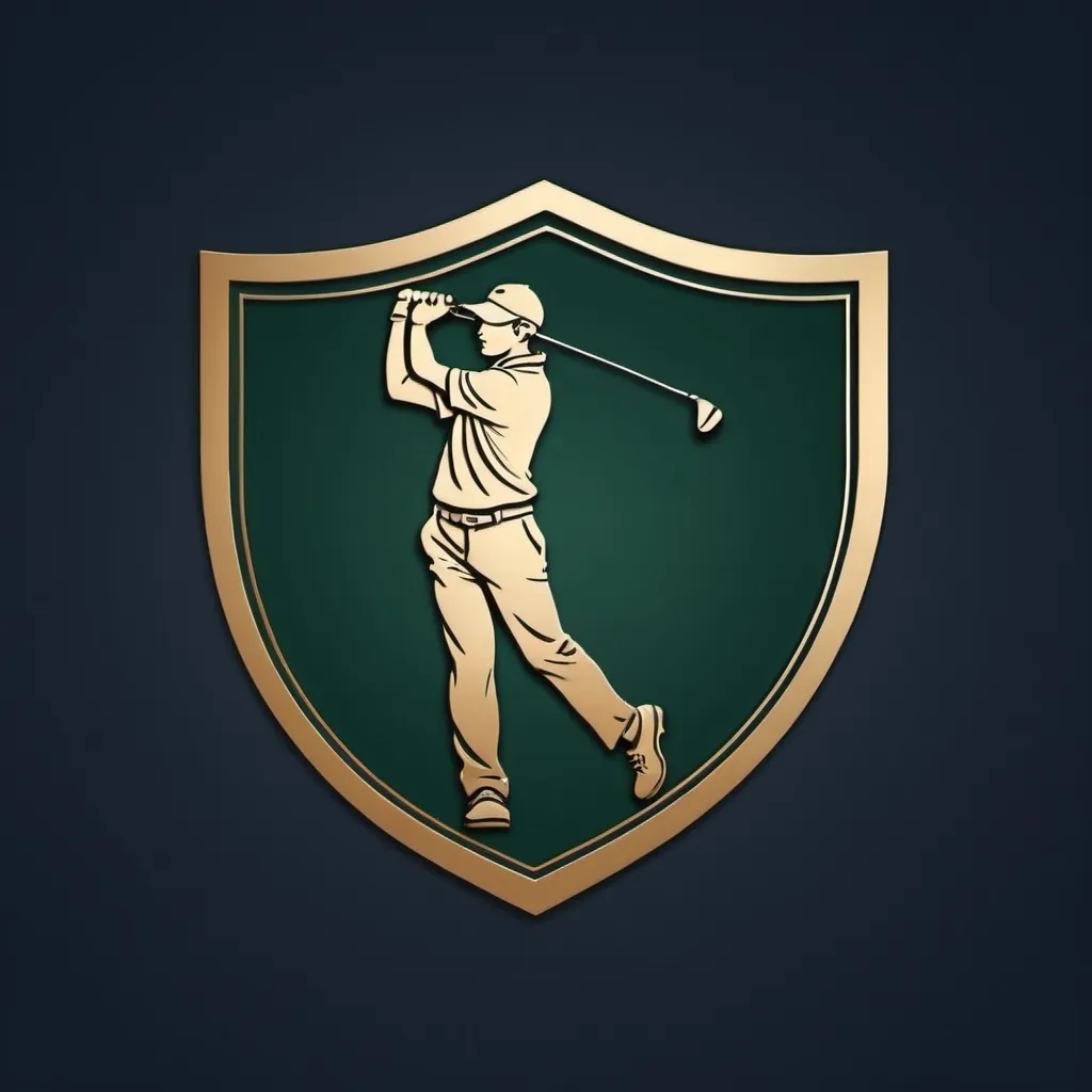 Prompt: Logo description: (note, the logo should be very similar to the ralph lauren logo!) make the logo with very simple lines, no 3d characters, but a 2d lined golf player, something that would be elegant on a shirt tho very luxury

 • Frame: A logo should be framed in a circle or in the shape of a shield (crest), with a sense of power and nobility.
 • Center of the logo: In the center of the logo, place a figure of a golfer in a standing position. The character should be holding a golf club in a firm grip, ready to hit. Only the upper part of the body will show, while the reviews are in precise detail in thin and minimalistic outlines.
 • Golf Ball: A small golf ball should be placed in front of the player, ready to hit. The ball can be combined with another design element such as a small square or circle at the bottom of a logo.
 • Pennant: on one side of the logo, add a small pennant or a pole with a flag, drawn in a delicate way and harmoniously integrated with the other elements.
 • Colors:
 • Main colors: dark blue, bottle green, or gold, to give a sense of luxury and reliability.
 • Secondary colors: white or silver to emphasize the details and create a strong contrast. 