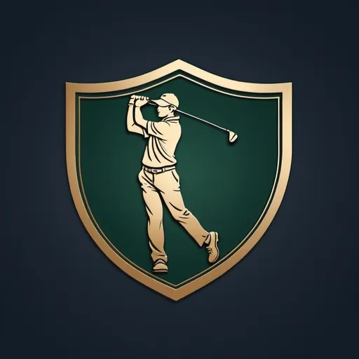 Prompt: Logo description: (note, the logo should be very similar to the ralph lauren logo!) make the logo with very simple lines, no 3d characters, but a 2d lined golf player, something that would be elegant on a shirt tho very luxury

 • Frame: A logo should be framed in a circle or in the shape of a shield (crest), with a sense of power and nobility.
 • Center of the logo: In the center of the logo, place a figure of a golfer in a standing position. The character should be holding a golf club in a firm grip, ready to hit. Only the upper part of the body will show, while the reviews are in precise detail in thin and minimalistic outlines.
 • Golf Ball: A small golf ball should be placed in front of the player, ready to hit. The ball can be combined with another design element such as a small square or circle at the bottom of a logo.
 • Pennant: on one side of the logo, add a small pennant or a pole with a flag, drawn in a delicate way and harmoniously integrated with the other elements.
 • Colors:
 • Main colors: dark blue, bottle green, or gold, to give a sense of luxury and reliability.
 • Secondary colors: white or silver to emphasize the details and create a strong contrast. 