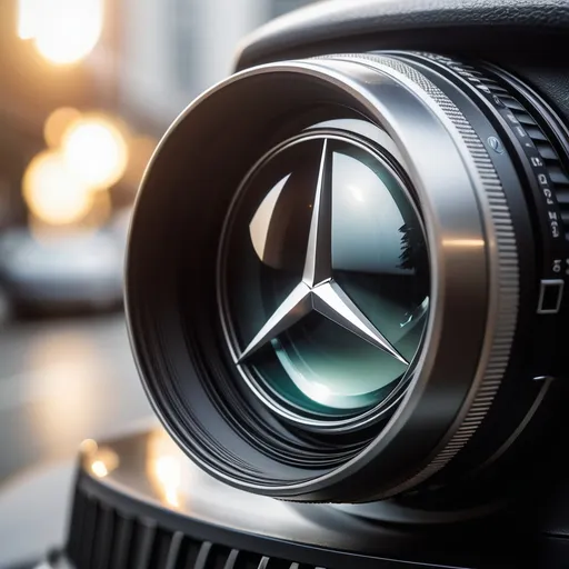 Prompt: Make a picture of a camera lense from the front. In the glare of the lense I want a Mercedes Benz logo reflecting in the reflection. 