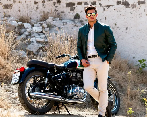 Prompt: Against a backdrop of a sunlit, casual street scene, a young man leans gracefully on a classic Royal Enfield motorcycle, exuding a laid-back vibe. He wears a white shirt paired with cream-colored pants and a dark green jacket, while stylish sunglasses rest on his face, adding to his relaxed demeanor. The motorcycle, with its shiny chrome and notable branding, stands out, establishing an atmosphere of adventure and freedom. Surrounding him, the slightly rugged terrain features a mix of dry foliage and a whitewashed wall, hinting at a warm, inviting day, while the natural lighting accentuates the rich colors of the scene, creating a harmonious composition that narrates a story of youthful exploration.