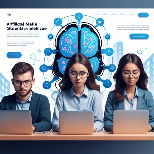 Prompt: A banner with the image of three male and female students, one of whom is doing work with artificial intelligence, one is confident and one is stressed, should be an animated and 3D design.