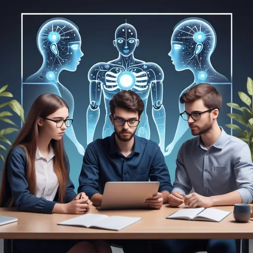 Prompt: A banner with the image of three male and female students, one of whom is doing work with artificial intelligence, one is confident and one is stressed, should be an animated and 3D design.