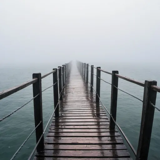 Prompt: a rickety walkway over sea with mist all around
